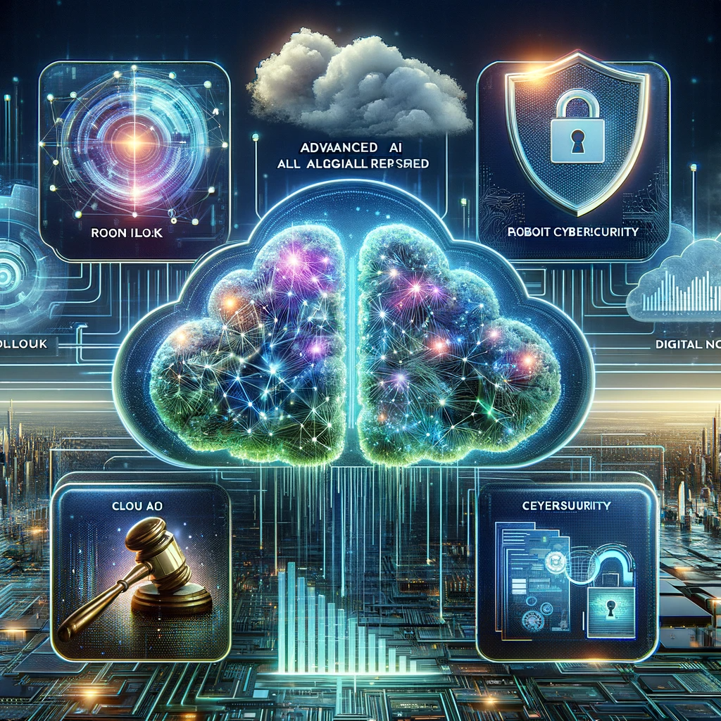 Futuristic digital collage showcasing 2024's key cloud and security trends for business leaders, featuring AI algorithms, FinOps graphs, cybersecurity symbols, and DORA compliance elements.